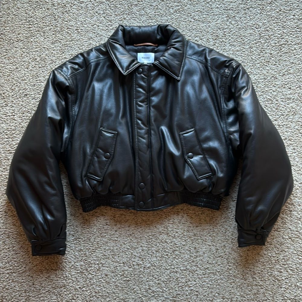 Nanushka Women’s Bomi Black Vegan Faux Leather Insulated Bomber Jacket Small